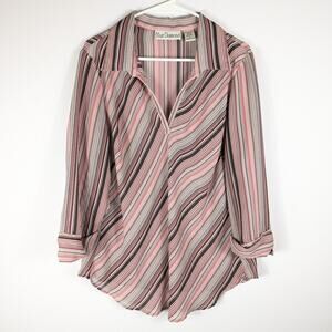 Blue Diamond Women’s XL Striped Blouse Pink Black Button Front Long Sleeve Top
